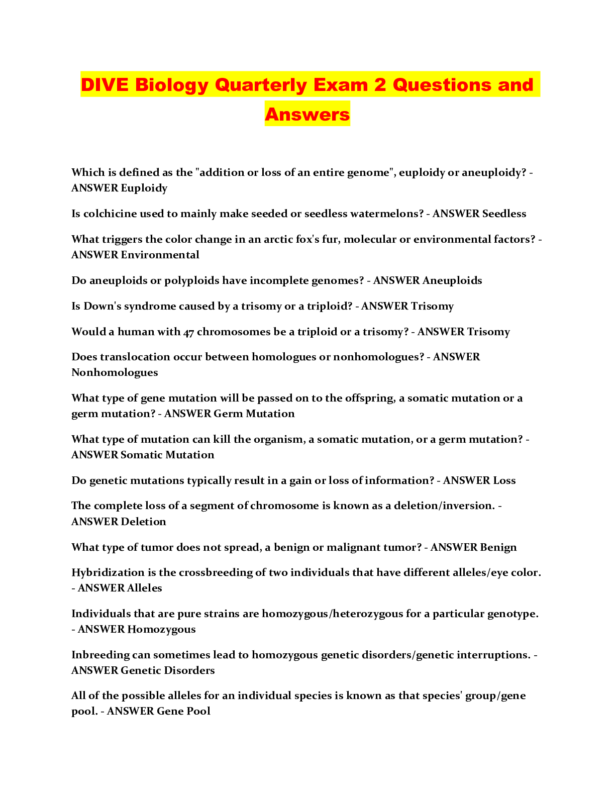Preview image for DIVE Biology Quarterly Exam 2 Questions and Answers